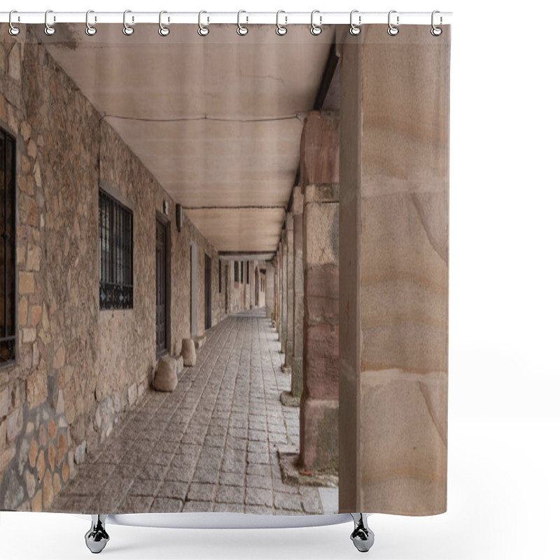 Personality  Historic Stone Colonnade With Arched Walkway And Rustic Architecture In A Quiet Village Setting. Shower Curtains