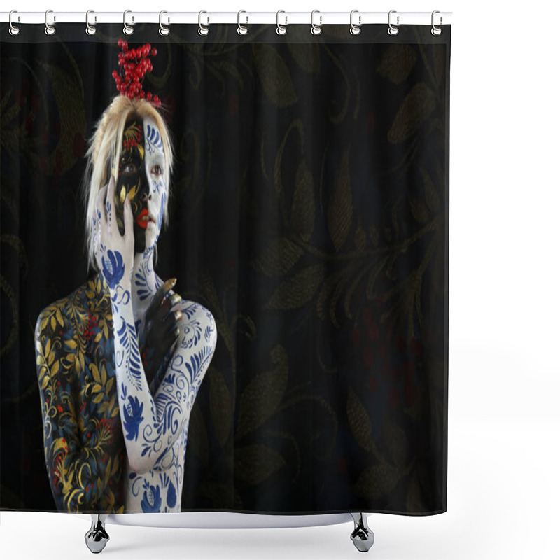 Personality  Body Art Of A Girl In The Style Of Khokhloma And Gzhel Shower Curtains