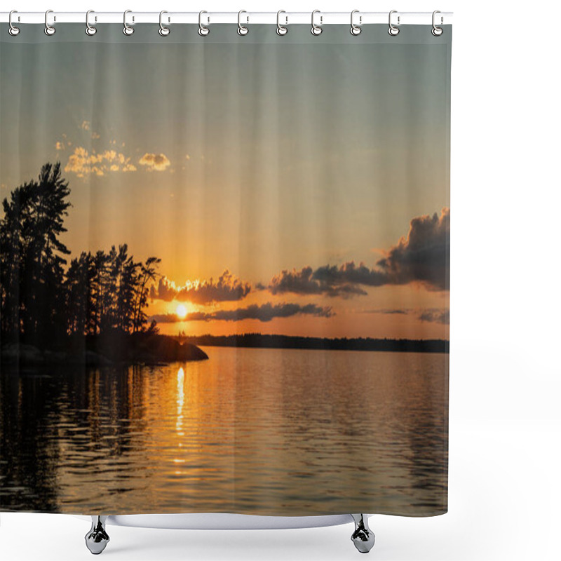 Personality  Sunset Casts Light Over Rainy Lake Shower Curtains