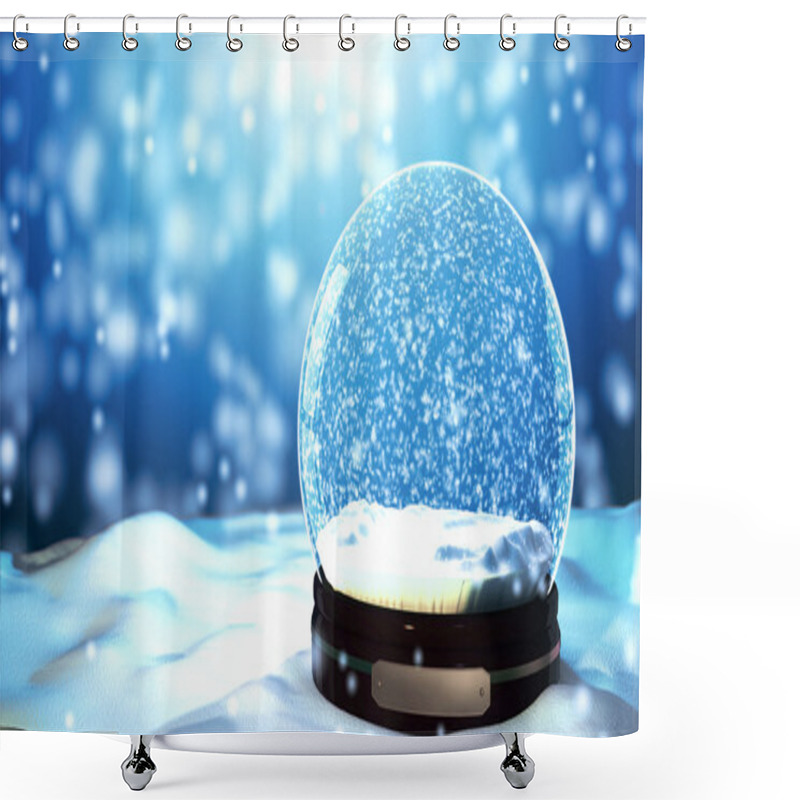 Personality  Christmas Snow Globe Snowflake With Snowfall On Blue Background Shower Curtains