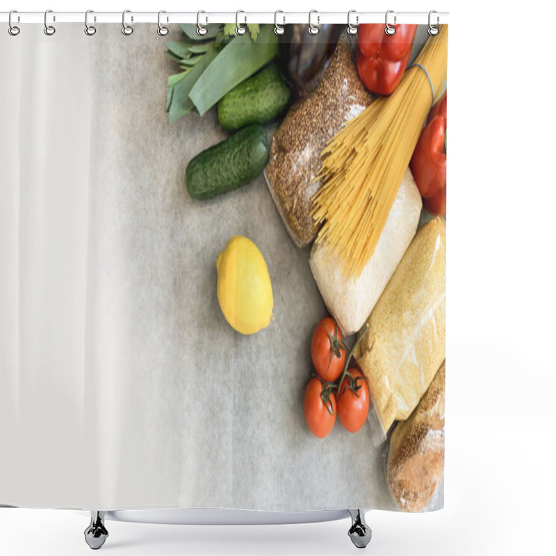 Personality  Crisis Food Products For Isolation Period. Macaroni, Oil, Canned Food, Vegetables, Sugar, Oatmeal, Millet, Lemons, Ginger. Food Delivery, Donation, Coronavirus Quarantine. Shower Curtains