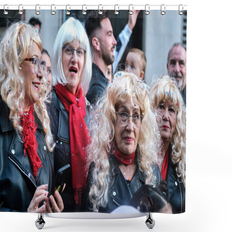 Personality  The Image Shows A Group Of Individuals Who Appear To Be Having A Good Time. They Are Wearing Wigs With Different Shades Of Blonde And White And Are Similarly Dressed In Black Leather Jackets Shower Curtains