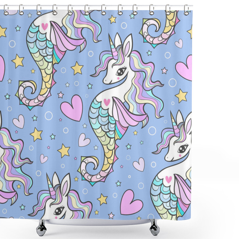 Personality  Seamless Marine Pattern. Cute Seahorses, Unicorns With A Rainbow Mane On A Blue Background. For The Design Of Wallpaper, Fabric, Backgrounds, Wrapping Paper, Etc. Vector Shower Curtains