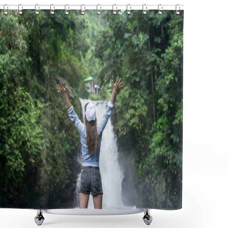 Personality  Back View Of Woman With Outstretched Arms With Aling-Aling Waterfall On Background, Bali, Indonesia Shower Curtains