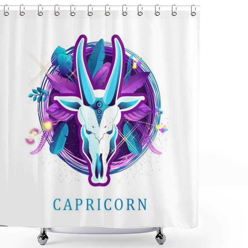 Personality  Vector Illustration Of Magic Horoscope Sign Capricorn Style Of The 60s, Bright Hippie Art Isolated On White Background Shower Curtains