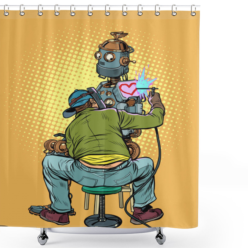 Personality  The Tattoo Artist Fills The Loving Robot With A Tattoo Of A Heart. Valentines Day Shower Curtains