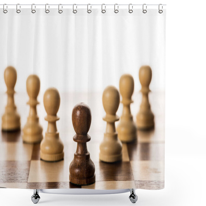 Personality  Selective Focus Of Brown Pawn Among Another On Chessboard Isolated On White Shower Curtains