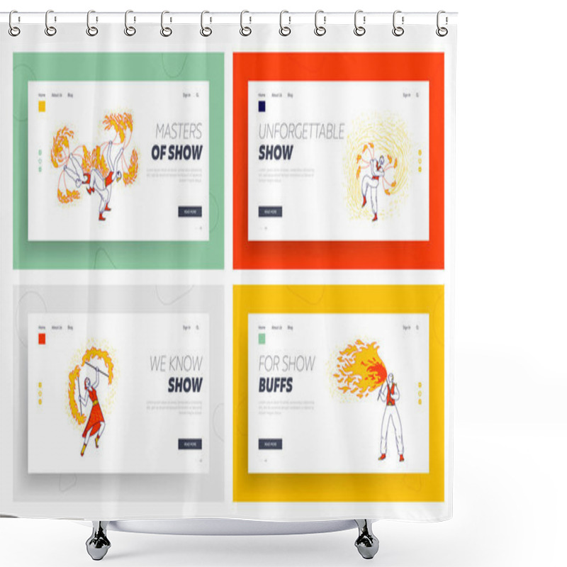 Personality  Fire Show Entertainment, Performance Landing Page Template Set. Characters Dance And Juggle With Flame On Stage Performing Talent Show Program For Judges And Viewers. Linear People Vector Illustration Shower Curtains