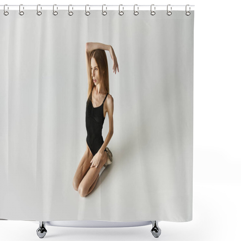 Personality  A Young Woman Kneels Gracefully, Showcasing Her Struggle With Anorexia In A Simple Environment. Shower Curtains