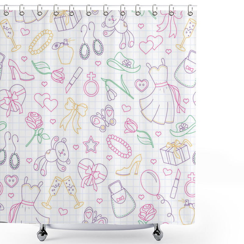 Personality  Seamless Pattern On The Theme Of Women, Women's Accessories And Items, Contour Icons Are Drawn With Colored Markers On The Clean Writing-book Sheet In A Cage Shower Curtains