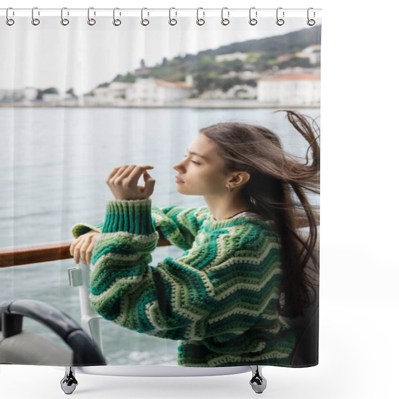 Personality  Side View Of Young Woman In Sweater Standing Near Railing On Yacht In Turkey  Shower Curtains