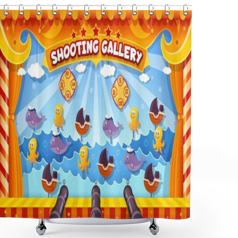 Personality  Carnival Shoot Game, Amusement Park Booth Targets, Cartoon Vector Background. Shooting Gallery Game With Sea Octopus, Ocean Whale And Ship Boat For Funfair Carnival Shooting Game With Cannon Guns Shower Curtains