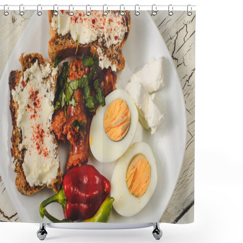 Personality  Keto Bread, Sausage,  Egg  And Cheese Keto Diet Breakfast Photography Shower Curtains