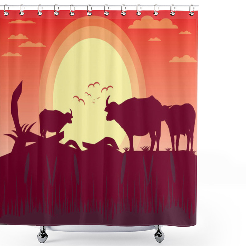 Personality  Buffalo Sunset Evening And Grassland Meadow Landscape.vector Illustrator Shower Curtains