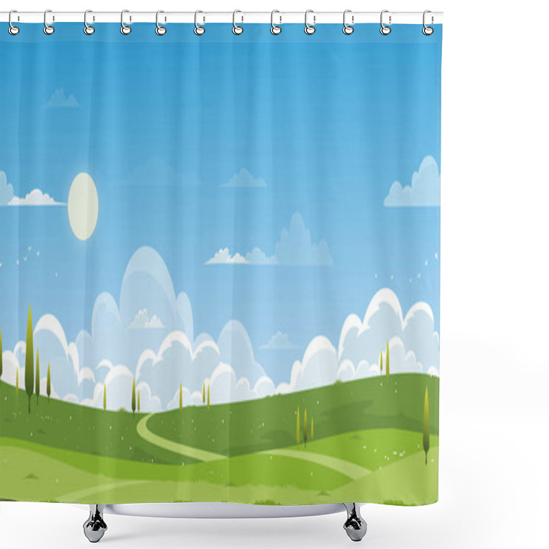 Personality  Seamless Pattern Spring Green Fields Landscape With Mountain,blue Sky And Cloud Background,Endless Banner Vector Cartoon Panorama Rural Nature In Summertime With Grass Land Shower Curtains