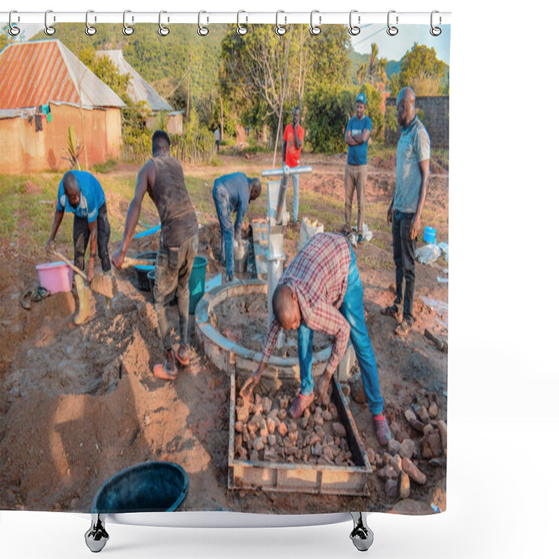 Personality  Jos East, Plateau State, Nigeria - May 12, 2021: Hand Pump Water Well Installation In Rural Communities. SDG Goals In Nigeria Africa. Group Of Africans People Working Of Installing Hand Pump Water Well. Shower Curtains