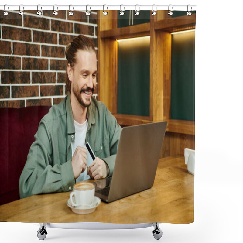 Personality  A Man Sits In A Modern Cafe, Focused On His Laptop Computer Screen, Engaged In Work Or Leisure Activities. Shower Curtains