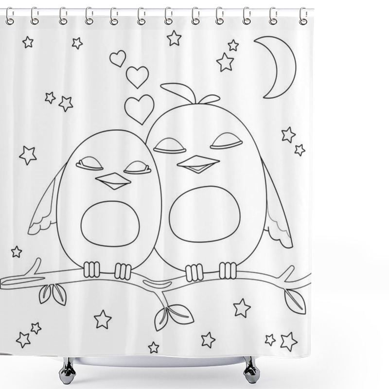 Personality  Coloring Page. Two Cute Cartoon Birds On Branch. Black And White Vector Illustration. Shower Curtains