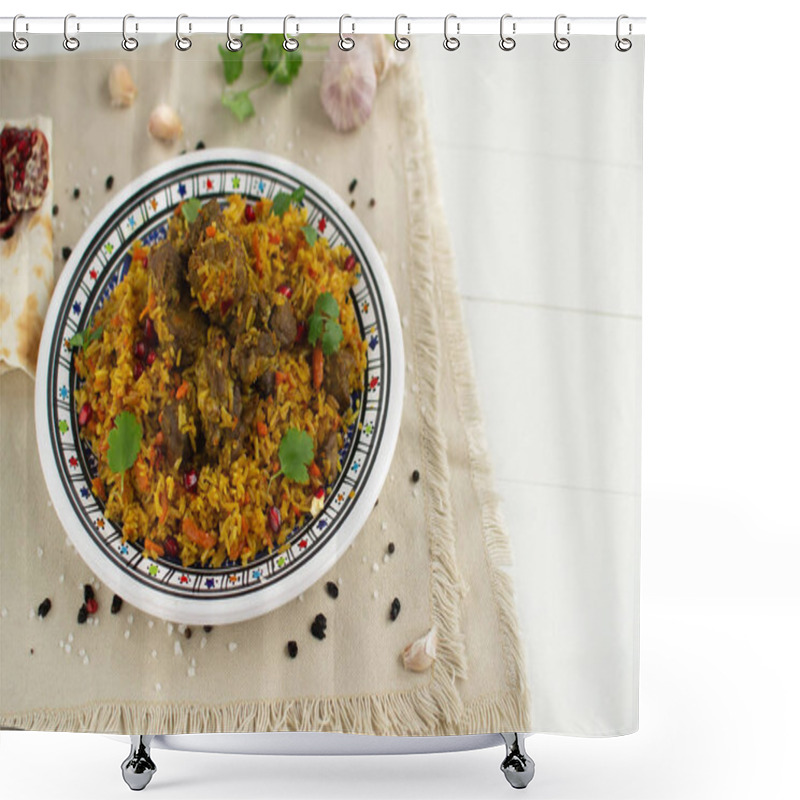 Personality  Dish Of Oriental Cuisine - Pilaf With Lamb In A Pan, On A White Background. Shower Curtains