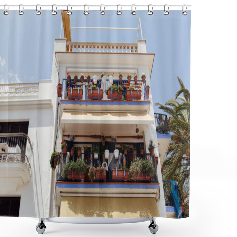 Personality  Low Angle View Of Plants In Flowerpots On Balcony Of House With Blue Sky At Background In Catalonia, Spain  Shower Curtains