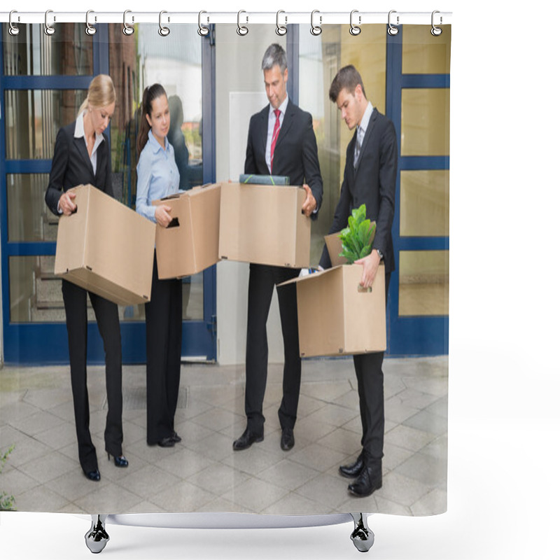 Personality  Unhappy Businesspeople With Cardboard Boxes Outside Shower Curtains