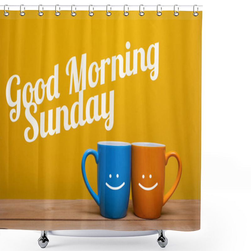 Personality  Good Morning Sunday Coffee Cup Concept Isolated On Yellow Background Shower Curtains