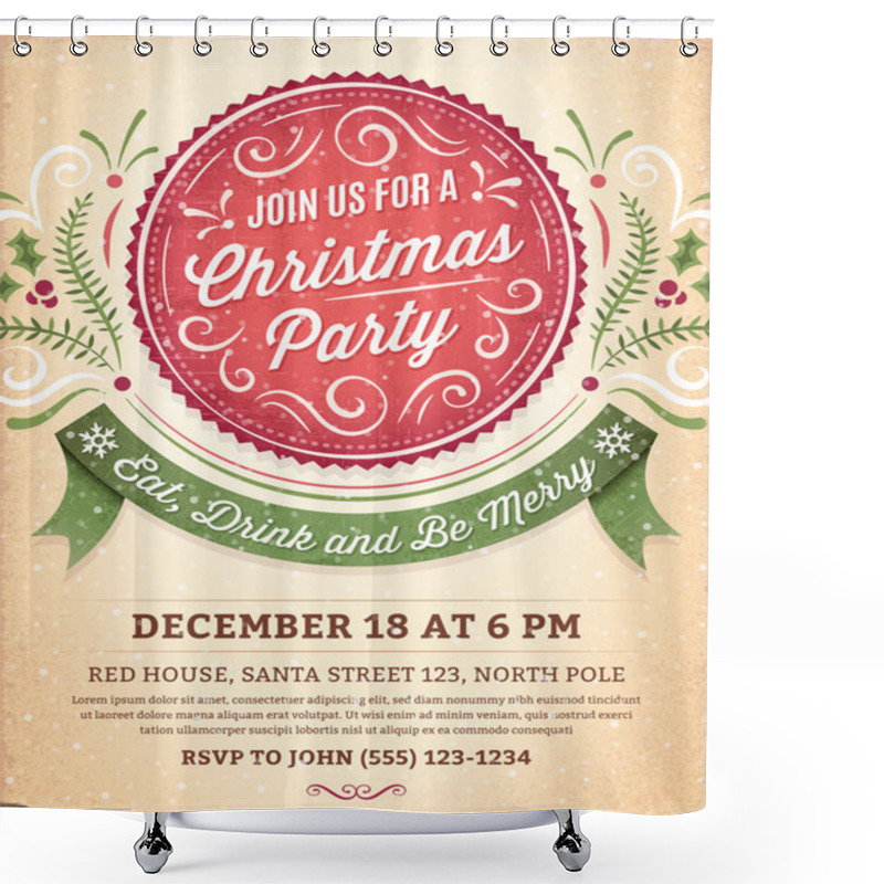 Personality  Christmas Party Invitation With A Big Red Label And A Green Ribb Shower Curtains