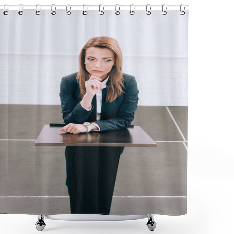 Personality  High Angle View Of Pensive Attractive Lecturer Standing At Podium Tribune During Seminar In Conference Hall Shower Curtains