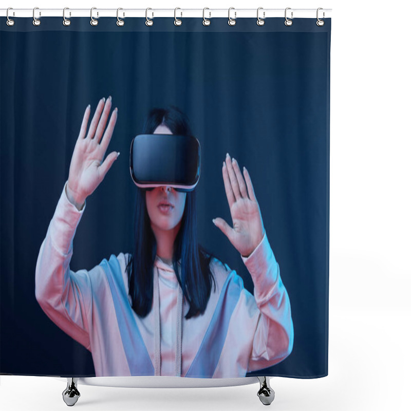 Personality  Young Brunette Woman Wearing Virtual Reality Headset And Gesturing On Blue  Shower Curtains