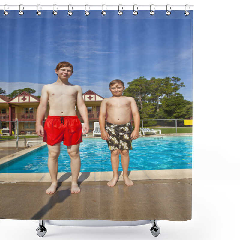 Personality  Brothers Having Fun At The Pool Shower Curtains