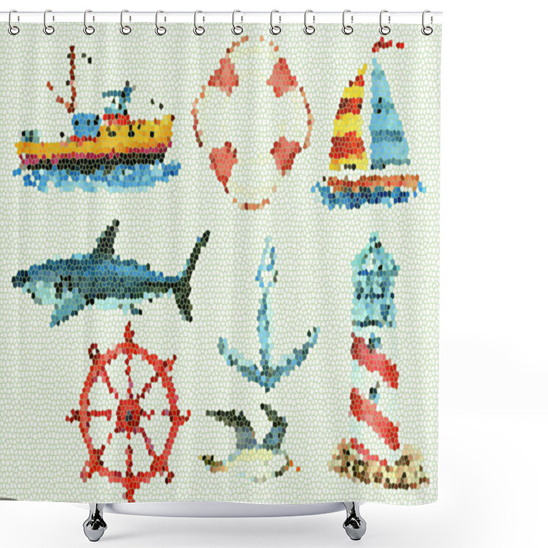 Personality  Background For Marine Theme. Ship, Yacht, Shark, Anchor, Lighthouse, Helm, Seagull, Life Buoy. Isolated Objects. For The Design Of Cards, Invitations, Posters. Shower Curtains