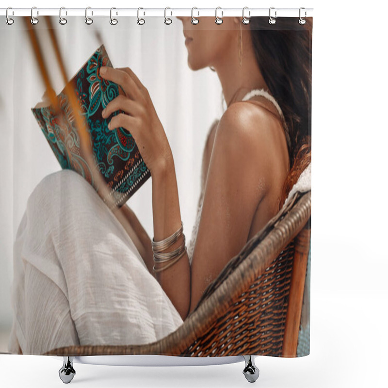 Personality  Beautiful Young Woman Sitting In Chair On Beach Shower Curtains