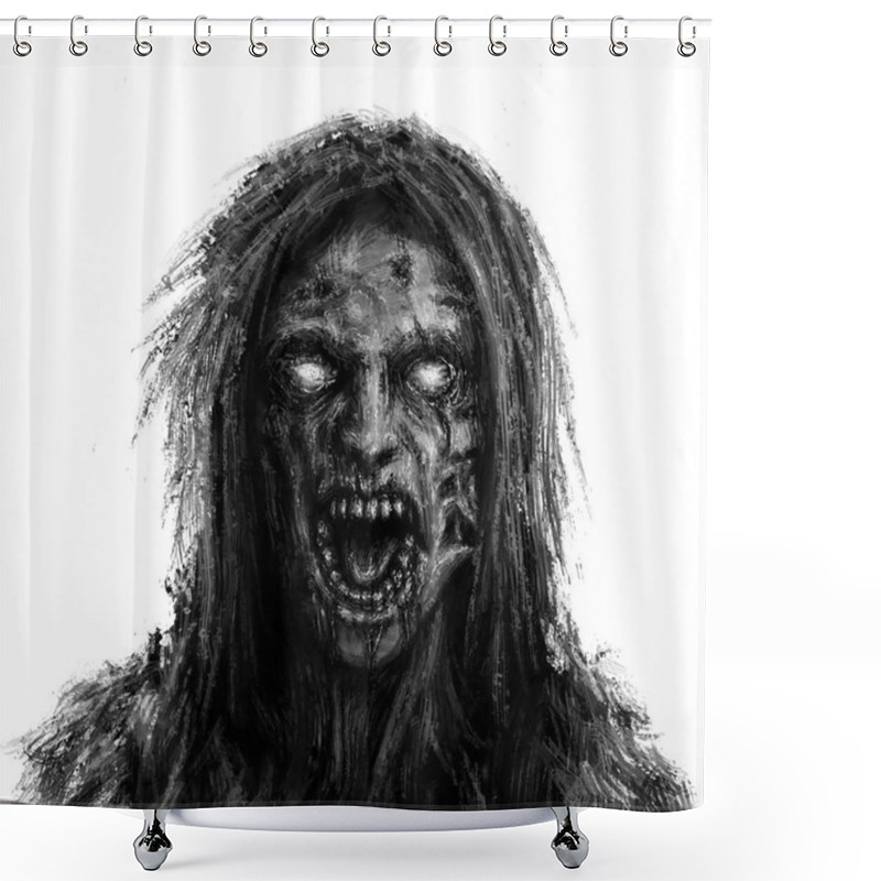 Personality  Scary Zombie Woman Face On White Background. Illustration In Horror Genre. Shower Curtains