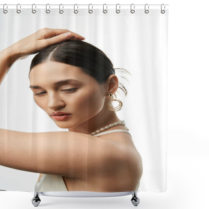 Personality  A Young Woman With Brunette Hair Shows Off Elegant Gold Earrings And A Pearl Necklace Against A White Background. Shower Curtains