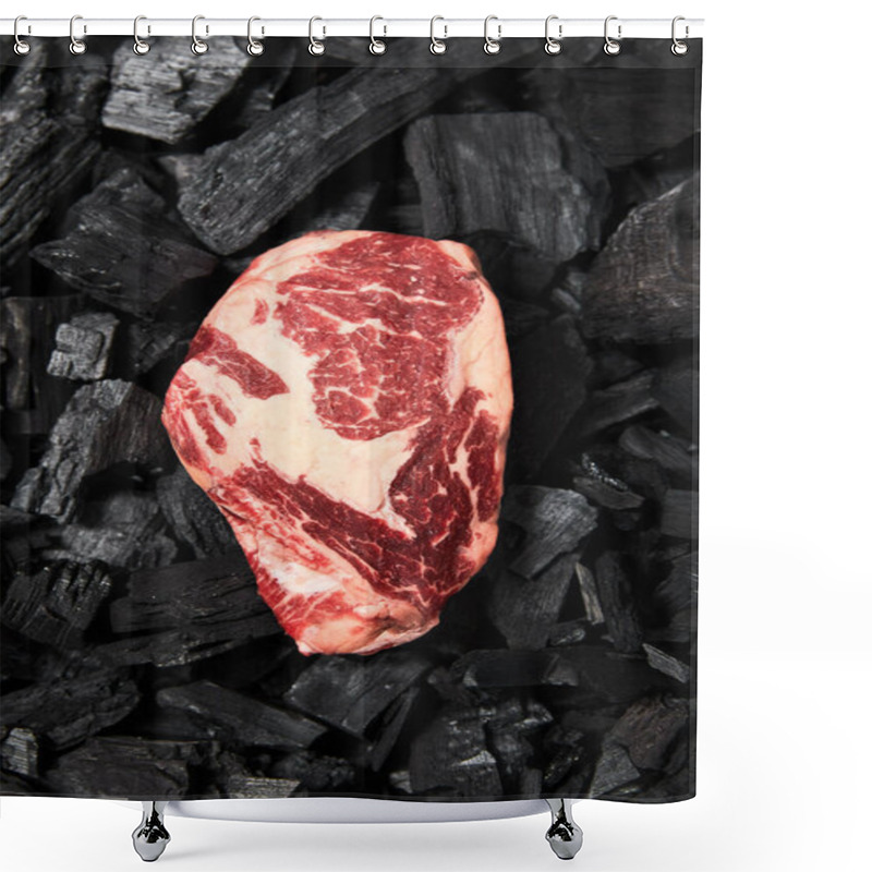 Personality  Top View Of Fresh Raw Steak On Black Coals Shower Curtains