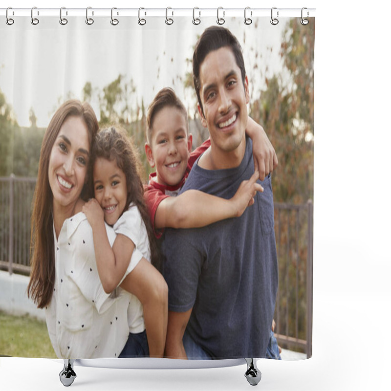 Personality  Young Hispanic Parents Piggyback Their Children In The Park, Smiling To Camera, Focus On Foreground Shower Curtains