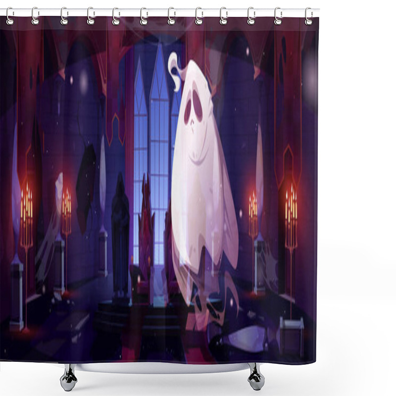 Personality  Ghost In Night Abandoned Castle Hall With Thrones. Funny Spook Cartoon Halloween Character, Fantasy Monster, Spooky Spirit Personage With Sad Face In Old Haunted Palace Interior, Vector Illustration Shower Curtains