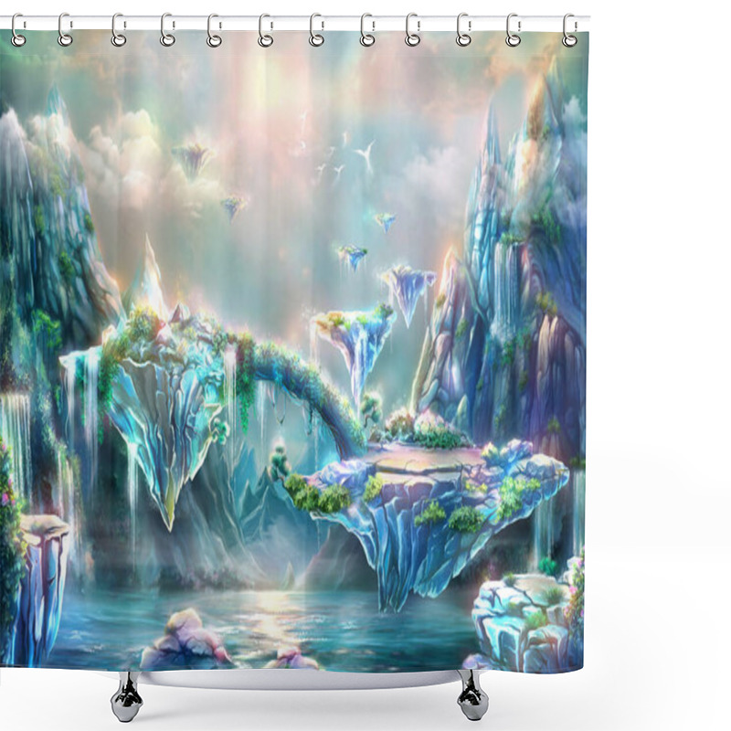 Personality  Fabulous Background, Digital Art. Illustration Of A Dawn Mountain Fantastic Landscape With Waterfalls And Blooming Sakura Shower Curtains