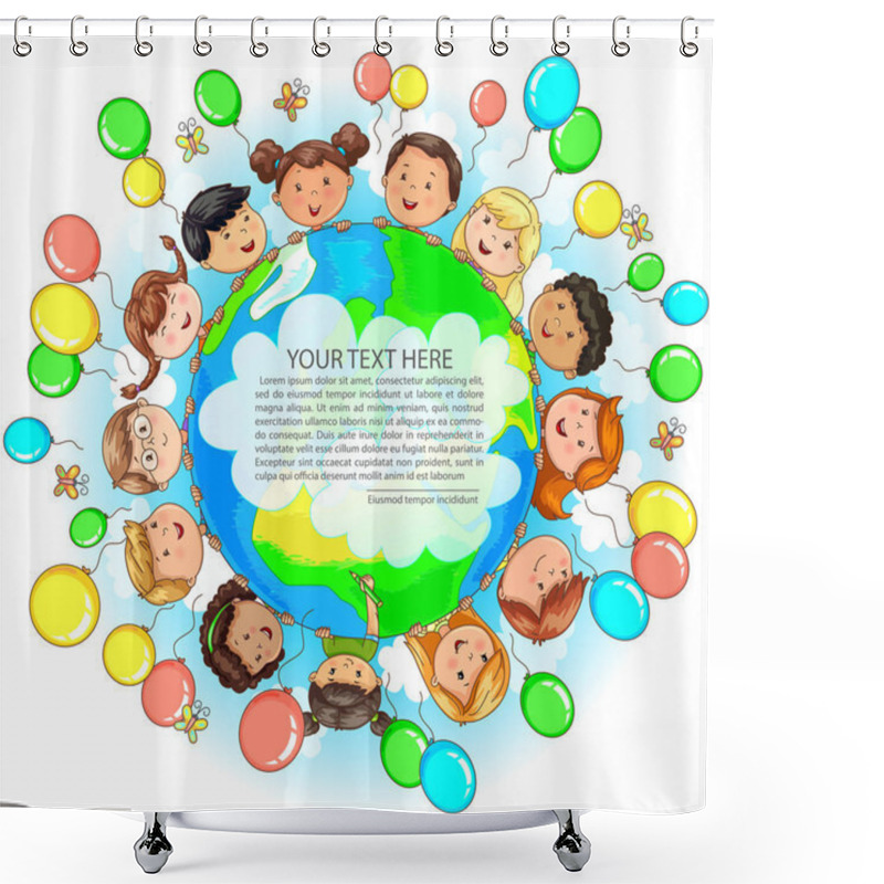 Personality  Bright Cute Kids Different Nationalities Hold Earth Balloons Around And Place For Your Text. Shower Curtains