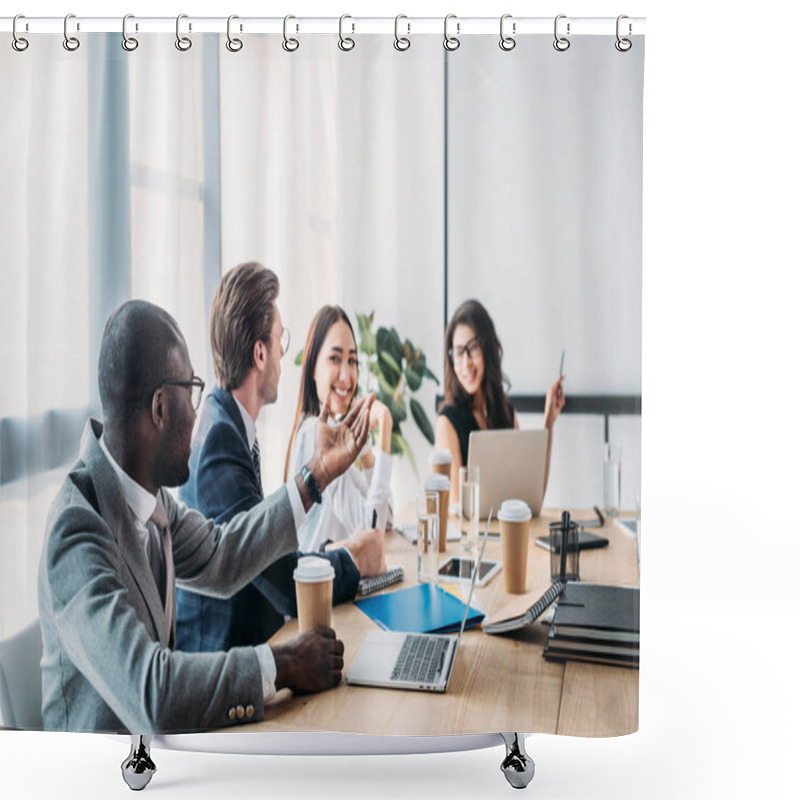 Personality  Selective Focus Of Multicultural Business People Having Business Meeting In Office Shower Curtains