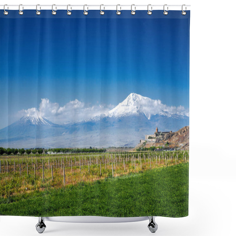 Personality  Rows Of Green Plants On Agriculture Field With Mountains And Castle On Background, Armenia Shower Curtains