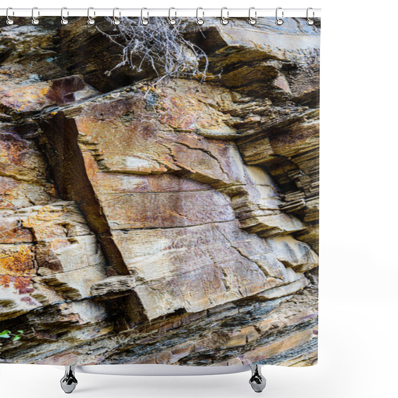 Personality  Nature Force Compressed Cracked Rock Layers Structure Formation Close-up Details, In Various Shapes, Colors, Thicknesses, At North Central Coast Of Crete, Greece. Nature And Geological Science Concept Shower Curtains