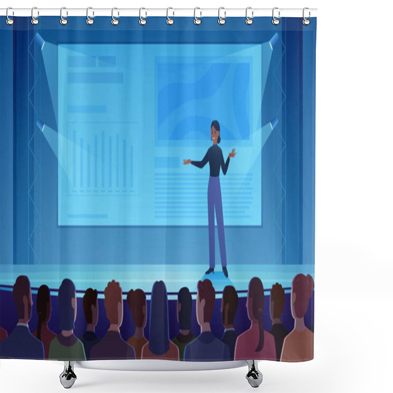 Personality  Public Lecture, Business Training For Audience Vector Illustration. Cartoon Woman Presenting Business Product On Screen, Confident Female Speaker Standing On Stage In Spotlights To Explain Information Shower Curtains