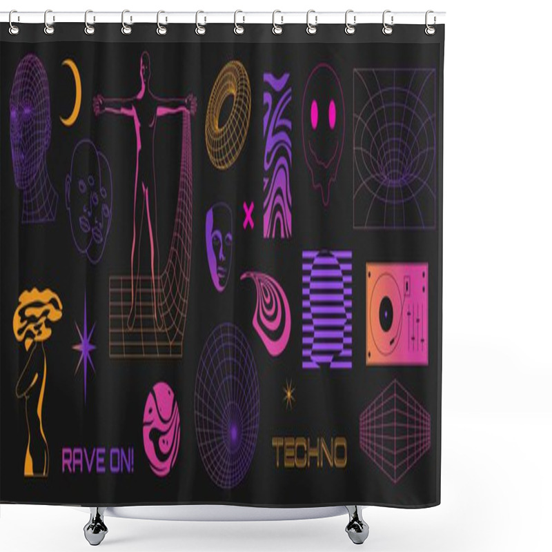 Personality  Rave Set. Psychedelic Acid Trippy Geometric Shape With Glitch Stickers, Retrofuturistic Surreal Distortion 80s 90s Style. Vector Collection Of Psychedelic Graphic Trippy, Acid Trendy Rave Illustration Shower Curtains