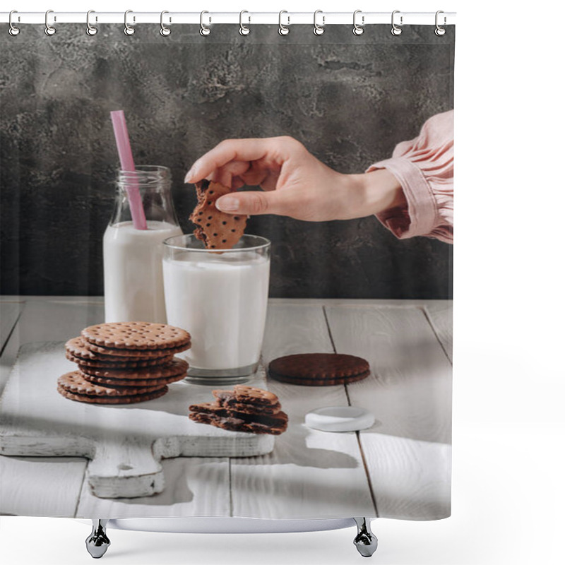 Personality  Cropped Shot Of Woman Dipping Delicious Cookie Into Glass Of Milk Shower Curtains