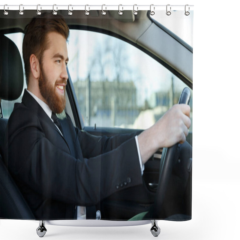 Personality  Side View Of Smiling Business Man Sitting At The Wheel Shower Curtains