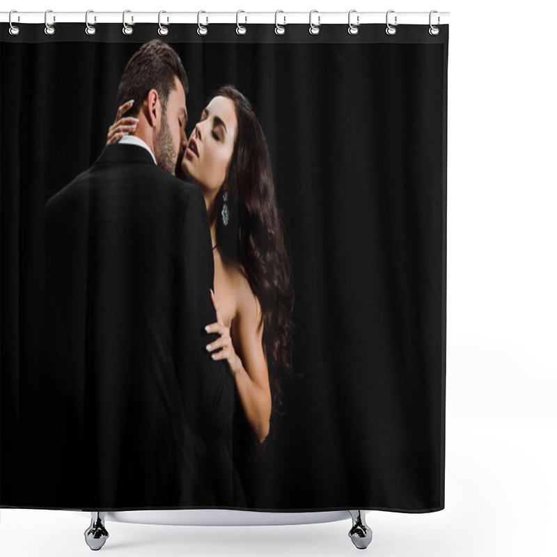 Personality  Passionate Man In Suit Kissing Attractive Woman Isolated On Black  Shower Curtains