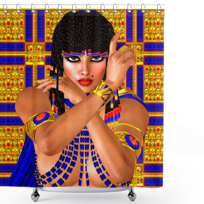 Personality  Cleopatra Or Any Egyptian Woman Pharaoh. Modern Digital Art Fantasy. Set On A Gold And Blue Abstract Background Shower Curtains