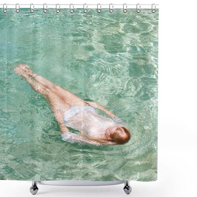 Personality  Young Woman Swimming In A Pool Shower Curtains