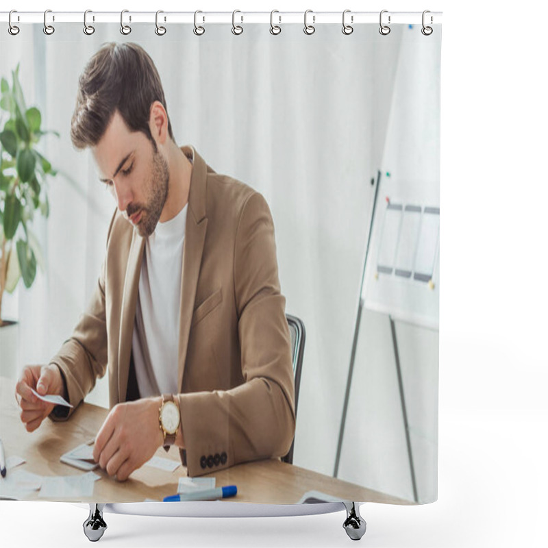 Personality  Handsome Creative Designer Developing User Experience Design With Sketches On Table Shower Curtains